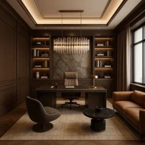 Premium Dark Desk, Built-in Shelves, Marble Panel & Sofa