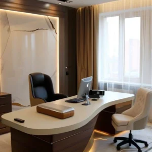 Luxury Curved CEO Desk White Top, Dark Wood Base