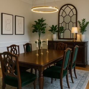 Vintage Mahogany Dining Table Set with Emerald Chairs