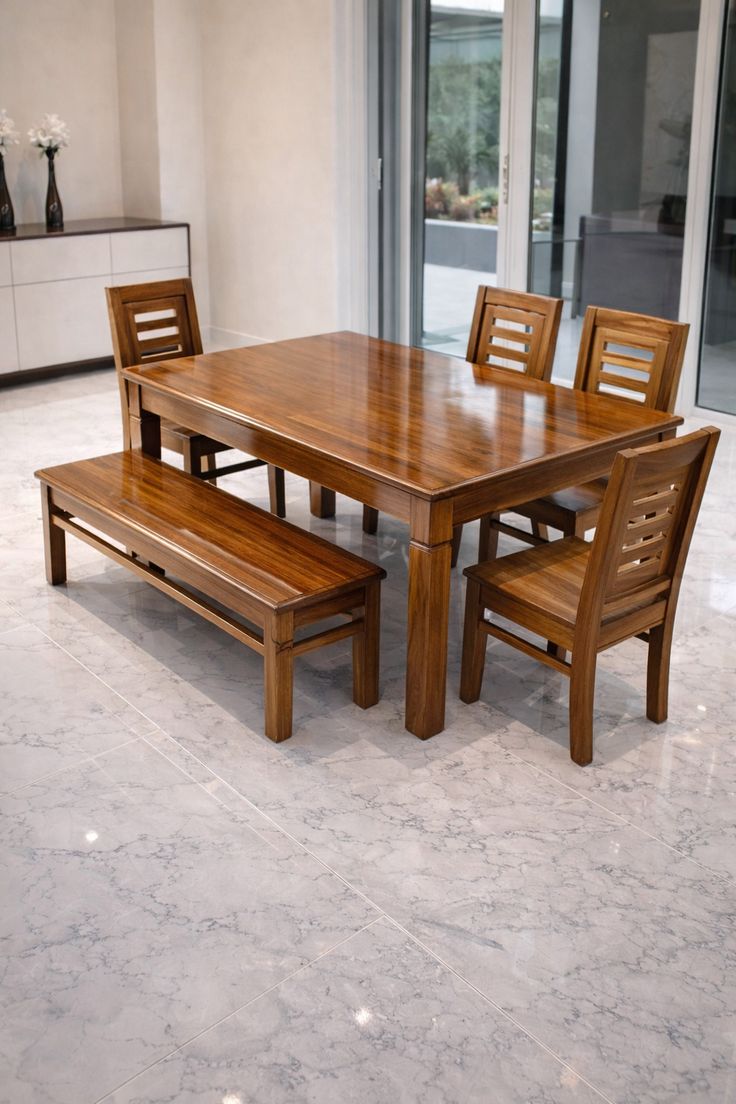 Solid Sheesham Wood 6 Seater Dining Table Set with Bench