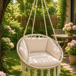 Cream Macrame Hanging Swing Chair with Wooden Ring